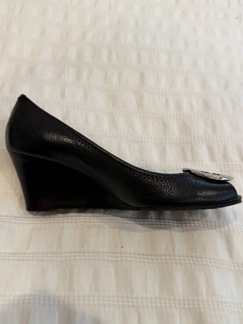 Tory Burch Sally Peep-Toe Leather Wedge Pumps Black Size 8M